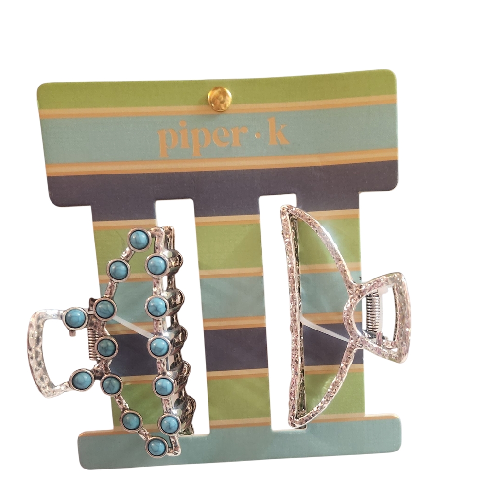 Piper K Silver and Turquoise Blue Stone Embellished Large Hair Clip Set - Picture 2 of 6
